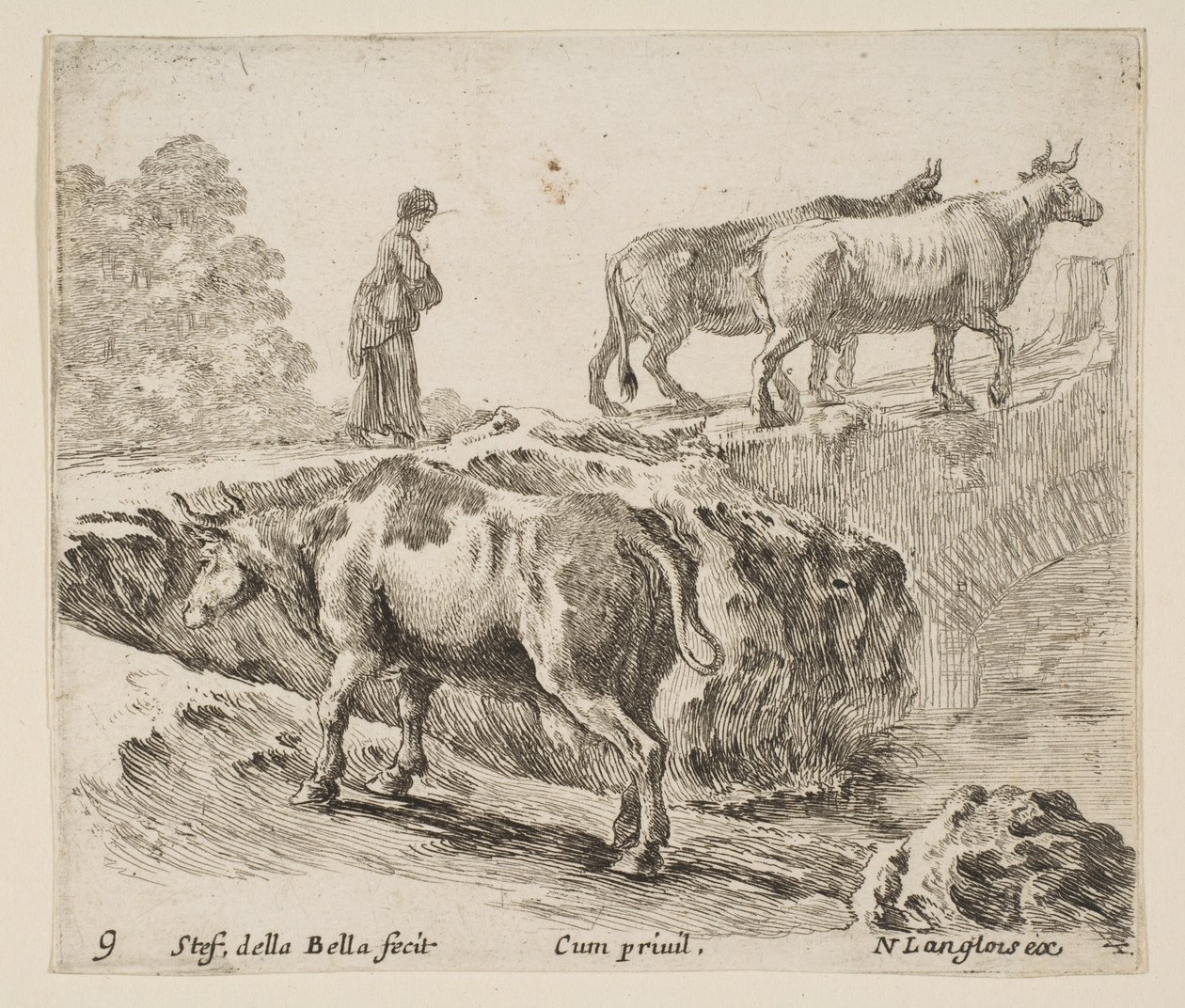 Ilustracja 9: krowa wchodząca na brzeg, wieśniaczka prowadząca dwie krowy przez most i..., ok. godz. 1644-47. autorstwa Stefano della Bella