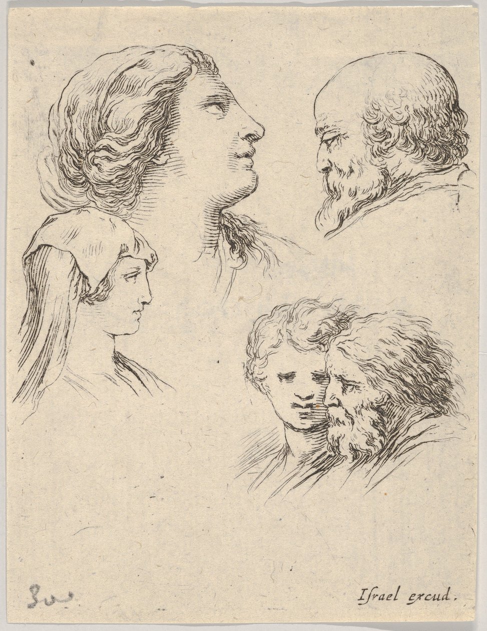 Ilustracja 9: pięć głów, dwie młode kobiety po lewej, brodaty mężczyzna po prawej, młoda kobieta, ca. 1649. autorstwa Stefano della Bella