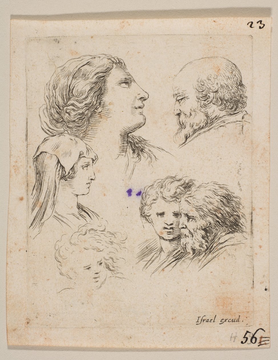 Ilustracja 9: pięć głów, dwie młode kobiety po lewej, brodaty mężczyzna po prawej, młoda kobieta, ca. 1649. autorstwa Stefano della Bella