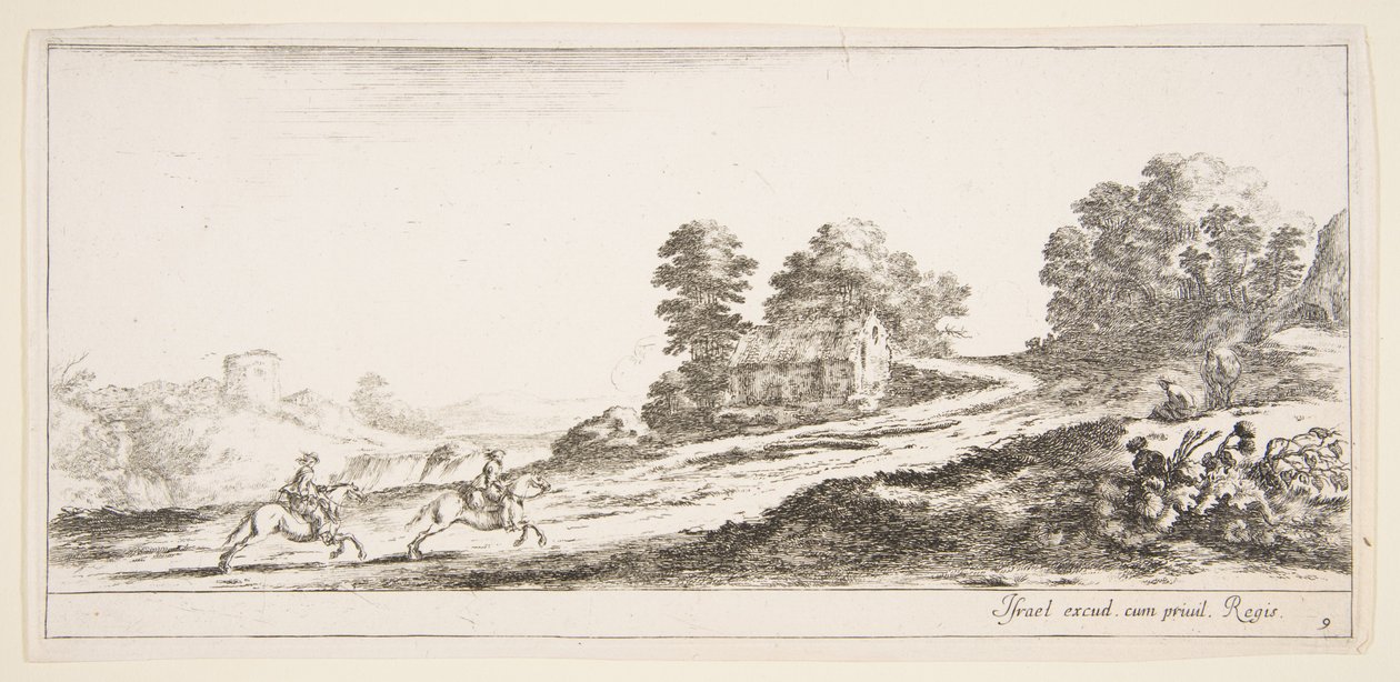 Tablica 9: dwaj jeźdźcy po lewej galopujący pod górę w prawo, koń i siedzący m..., ca. 1641. autorstwa Stefano della Bella