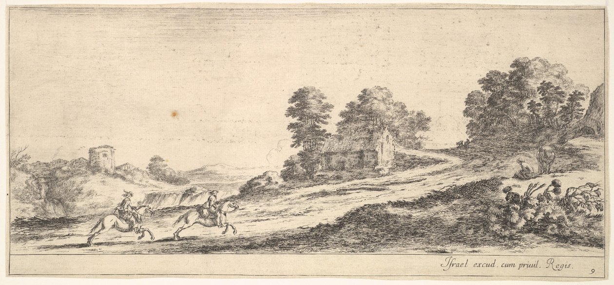 Tablica 9: dwaj jeźdźcy po lewej galopujący pod górę w prawo, koń i siedzący m..., ca. 1641. autorstwa Stefano della Bella