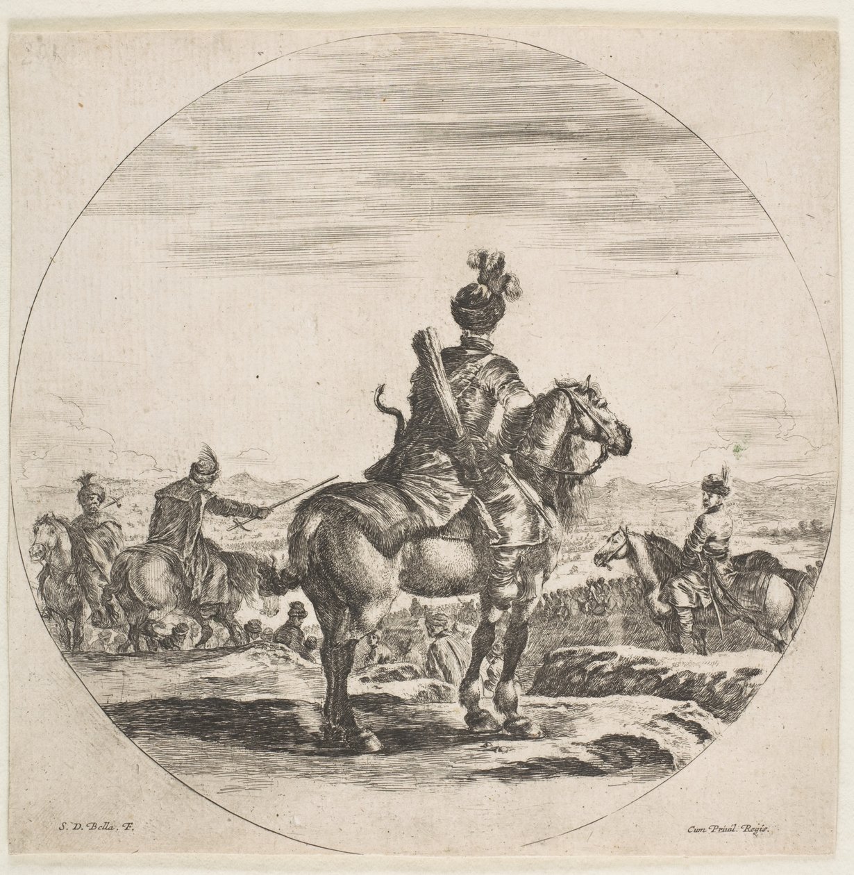 Jeździec polski z łukiem i strzałą, widziany z tyłu z koniem w prawo, ..., ca. 1651. autorstwa Stefano della Bella