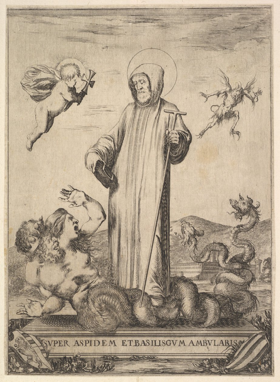 Święty Jean Gualbert depczący potwora o dwóch ludzkich głowach i wężowym ciele, mucha..., 1640. autorstwa Stefano della Bella