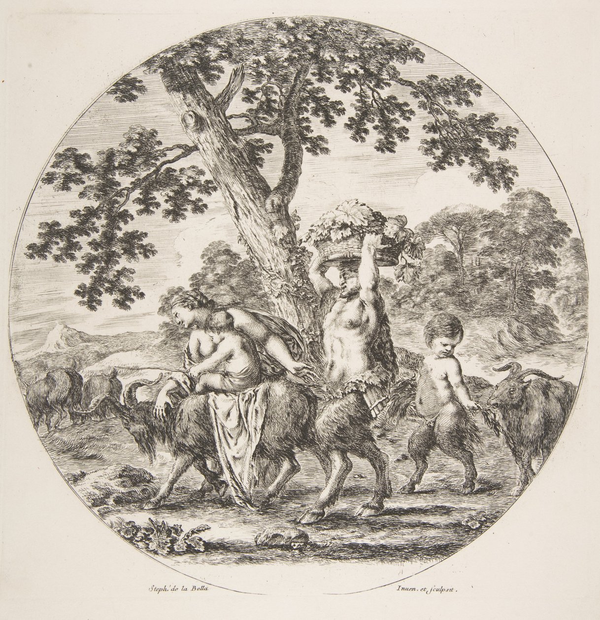 Rodzina Satyrów idąca w lewo z dwoma kozami i koszem winogron, ok. godz. 1657. autorstwa Stefano della Bella