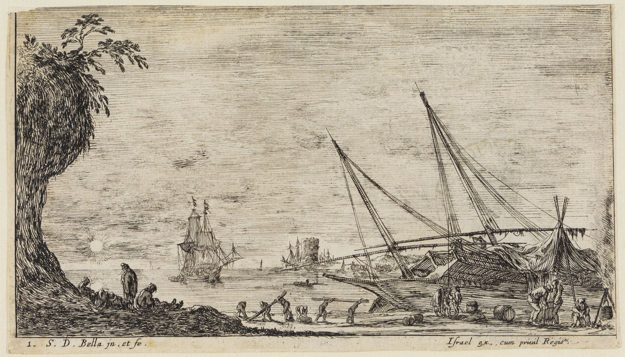 Pejzaże morskie (Paysages maritimes): port morski z marynarzami i robotnikami przenoszącymi kłody drewna autorstwa Stefano della Bella
