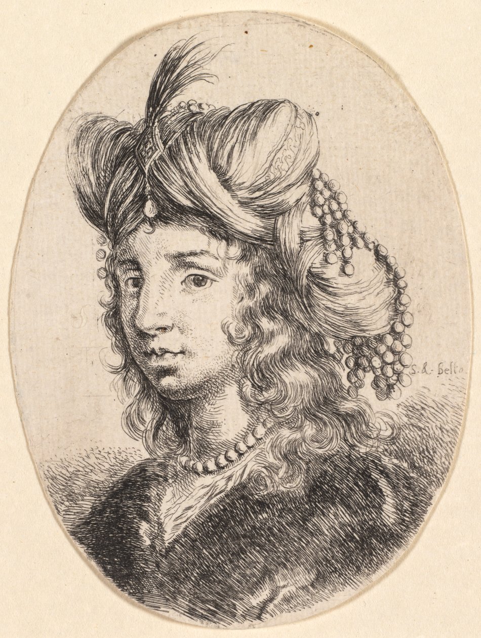 Kilka głów w perskim stylu: Portret, Sułtana w perłowym naszyjniku i turbanie..., 1649 autorstwa Stefano della Bella