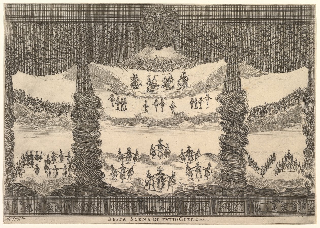 Szósta scena, niebiosa, z Wesela bogów Le nozze degli Dei, 1637. autorstwa Stefano della Bella