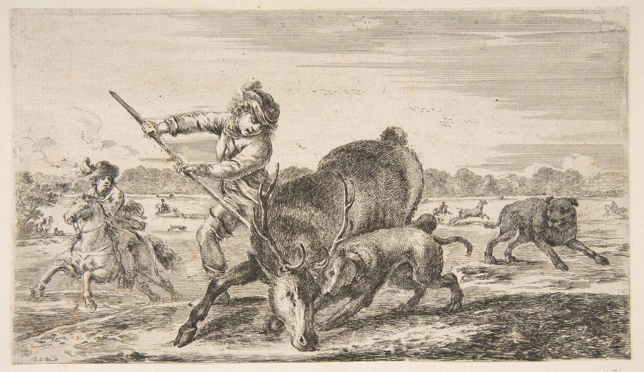 Jeleń w zatoce, z Polowania na zwierzęta Polowania na różne zwierzęta, ca. 1654. autorstwa Stefano della Bella