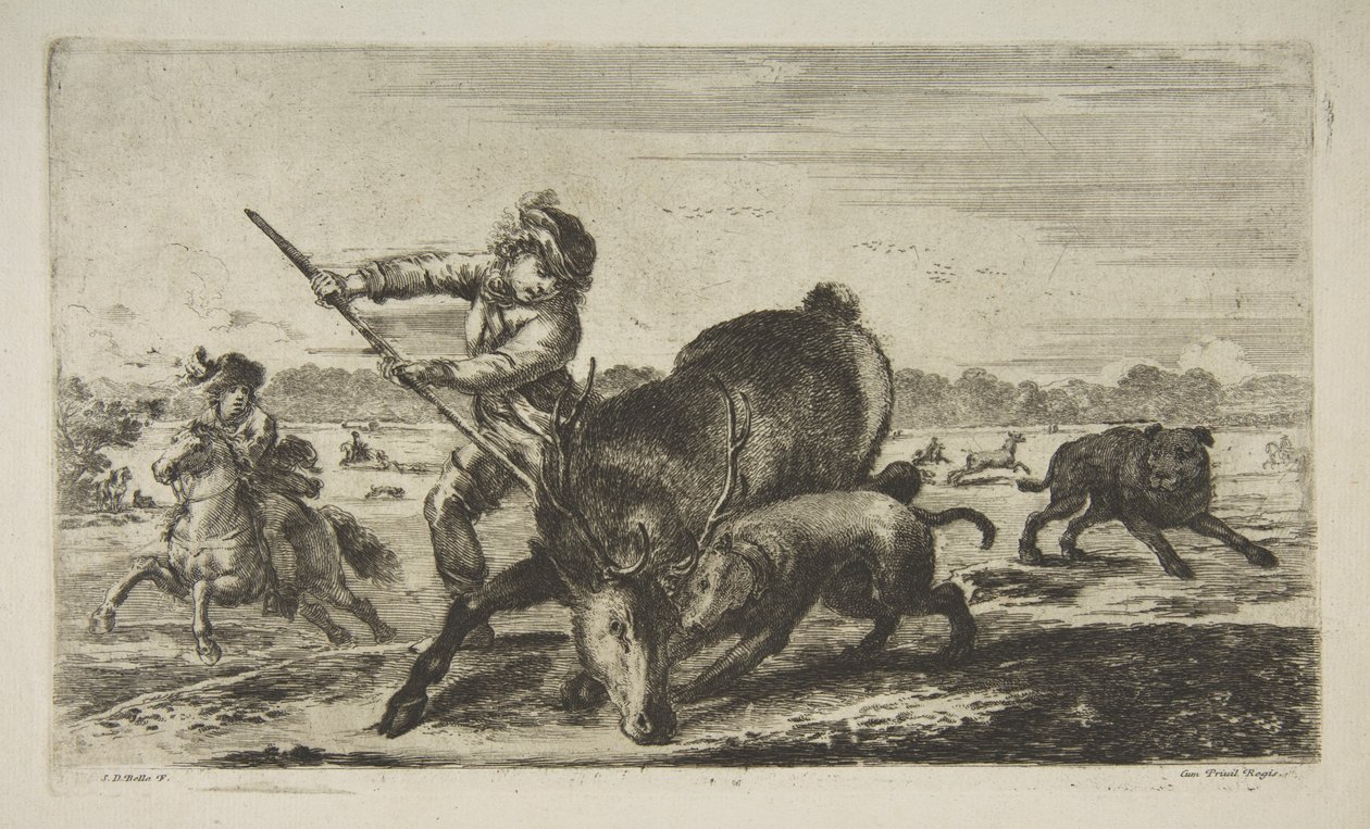Jeleń w zatoce, z Polowania na zwierzęta Polowania na różne zwierzęta, ca. 1654. autorstwa Stefano della Bella