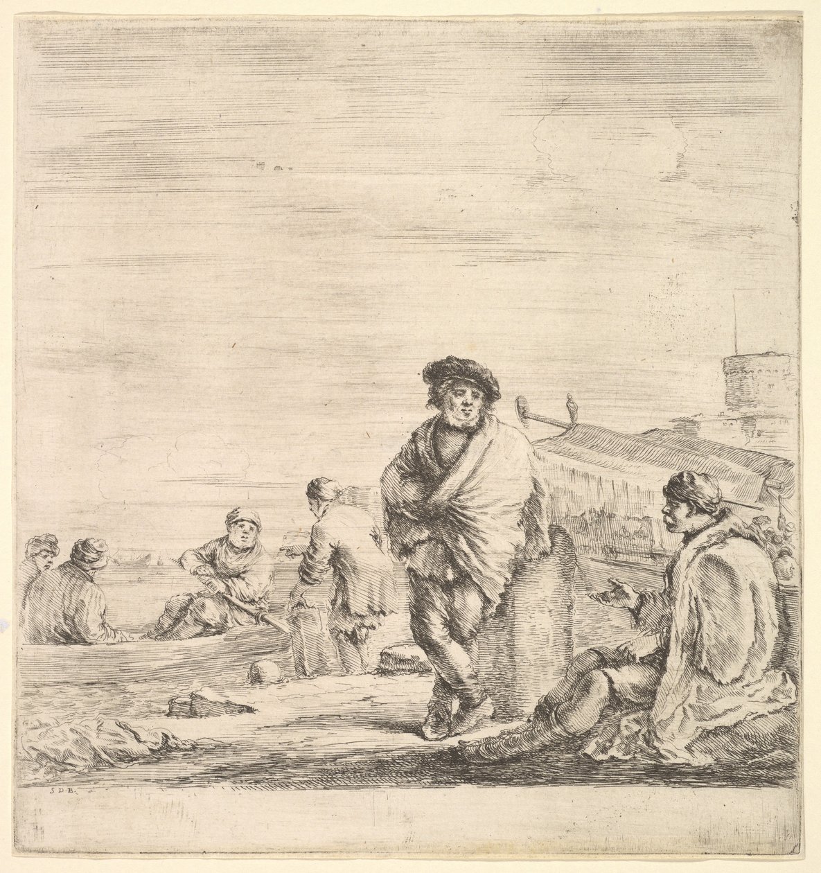 Stojący marynarz pośrodku rozmawiający z siedzącym Lewantyńczykiem po lewej, widziany z profilu..., ok. godz. 1658-63. autorstwa Stefano della Bella