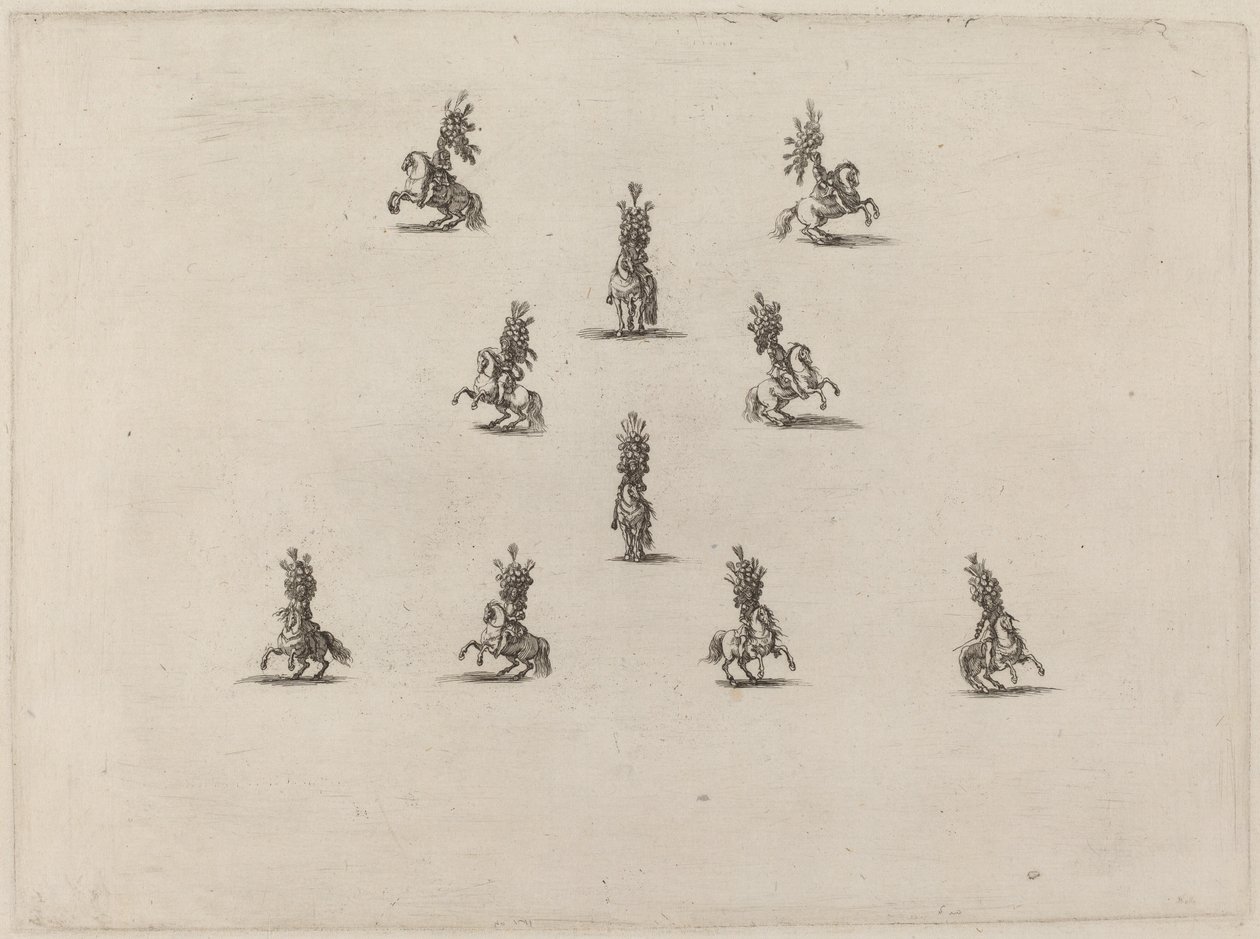 Dziesięciu kawalerzystów w dużych hełmach z pióropuszami, 1652 r. autorstwa Stefano della Bella