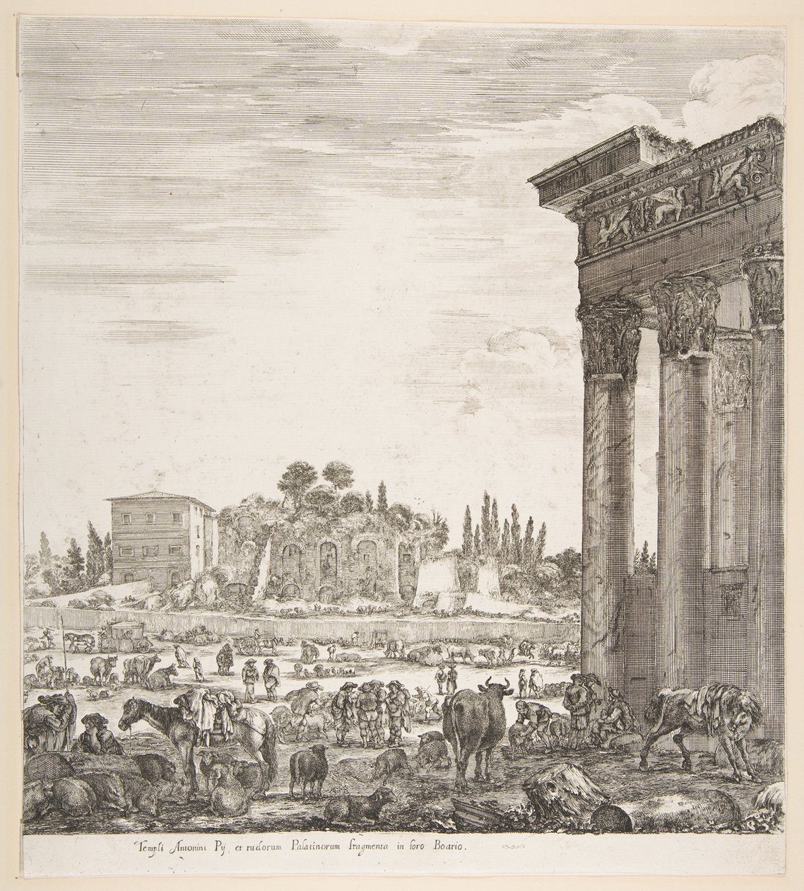 Kolumny świątyni Antonina po prawej, część Campo Vaccino pośrodku i..., 1656. autorstwa Stefano della Bella