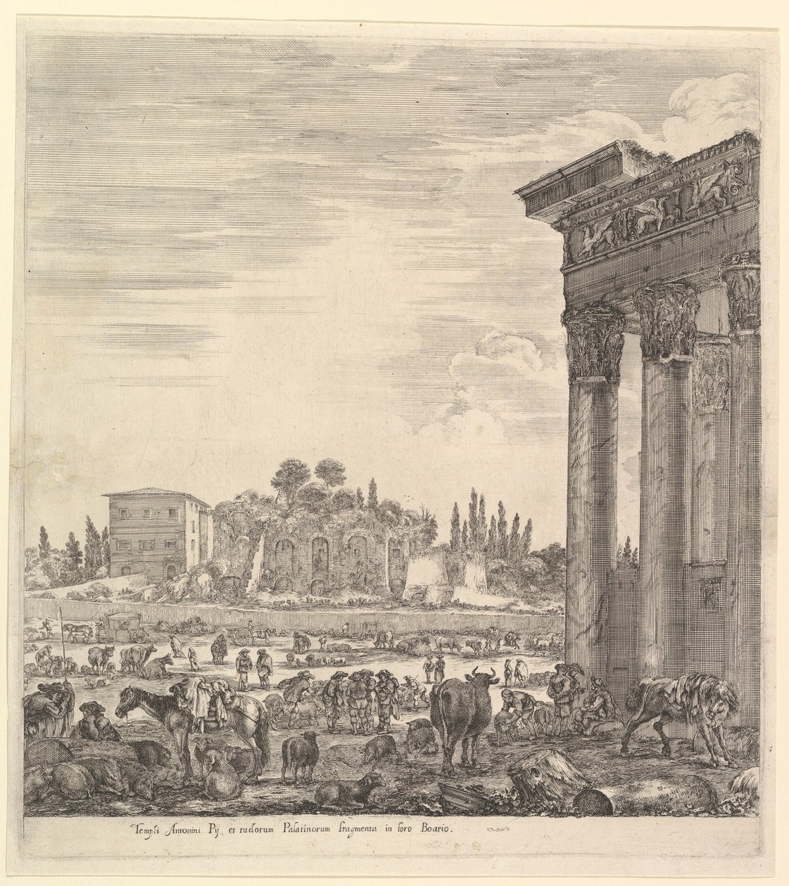 Kolumny świątyni Antonina po prawej, część Campo Vaccino pośrodku i..., 1656. autorstwa Stefano della Bella