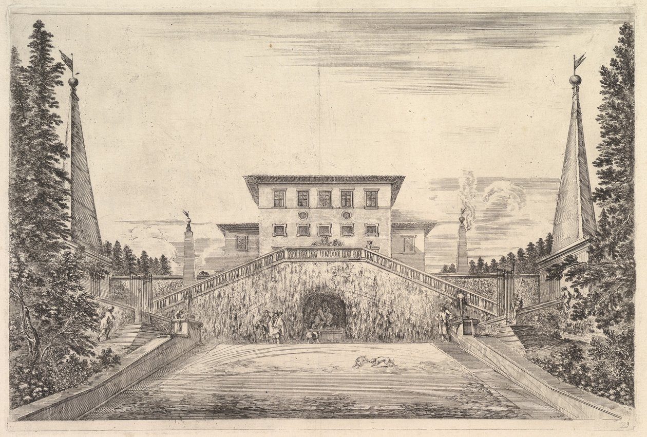 Pośrodku willa otoczona czterema obeliskami, po obu stronach schody, posąg w ..., ok. godz. 1653. autorstwa Stefano della Bella