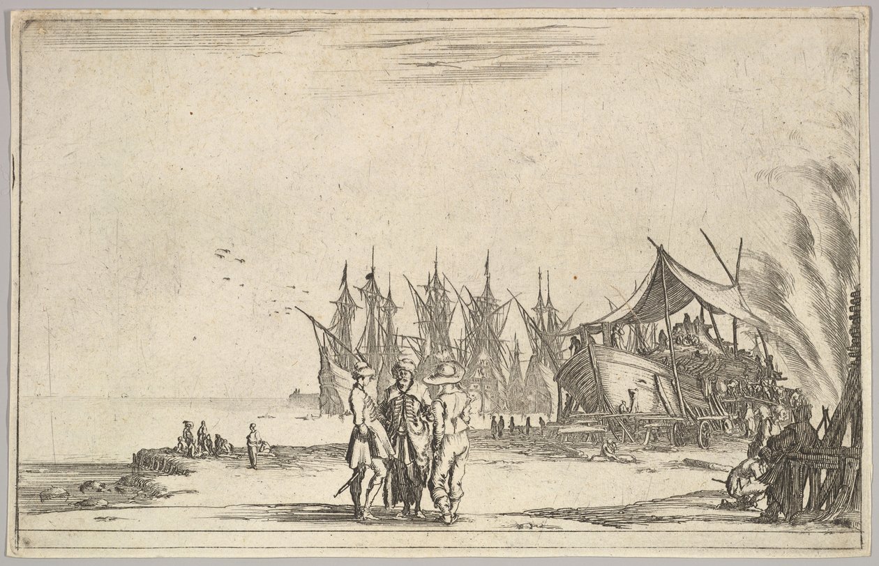 Trzech mężczyzn w kapeluszach stojących pośrodku, mężczyźni naprawiający statek po prawej, pięć statków i różne..., 1639. autorstwa Stefano della Bella
