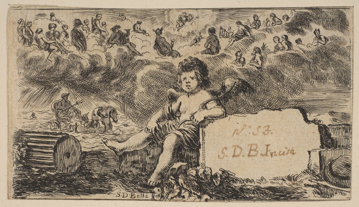 Strona tytułowa: Kupidyn, z Game of Mythology Jeu de la Mythologie, 1644. autorstwa Stefano della Bella
