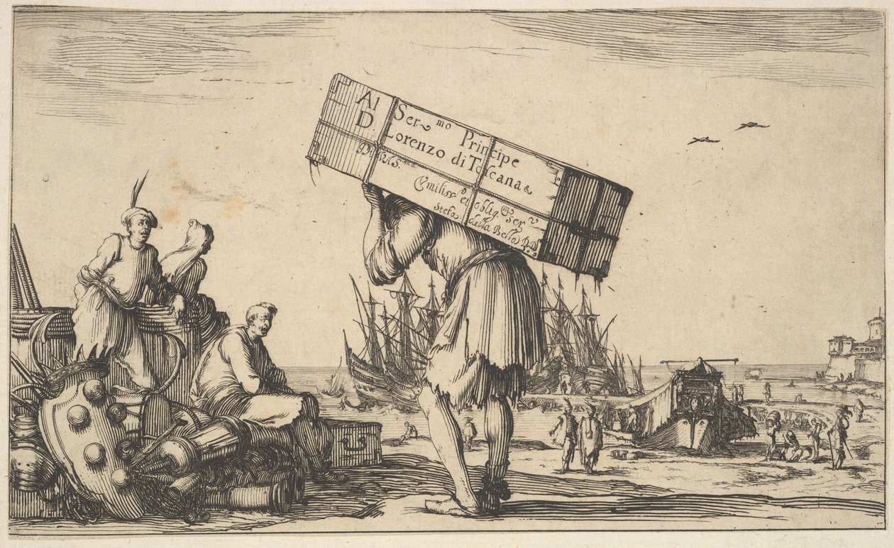 Strona tytułowa: pośrodku mężczyzna niosący walizkę na plecach, trzej mężczyźni patrzący w jego stronę w dniu ..., 1639. autorstwa Stefano della Bella