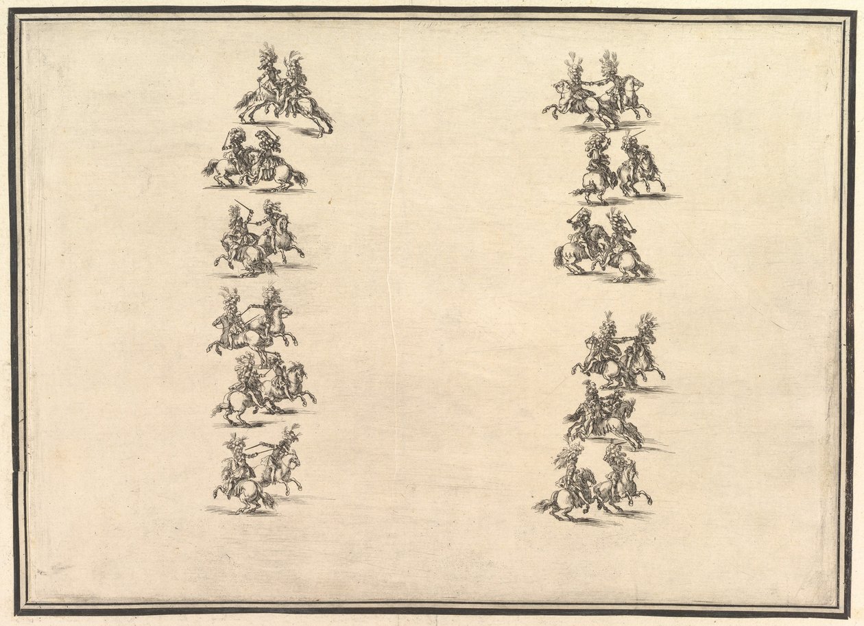 Dwudziestu czterech jeźdźców pojedynkujących się i tworzących dwie kolumny, z La Gara delle Stagioni, 1652. autorstwa Stefano della Bella