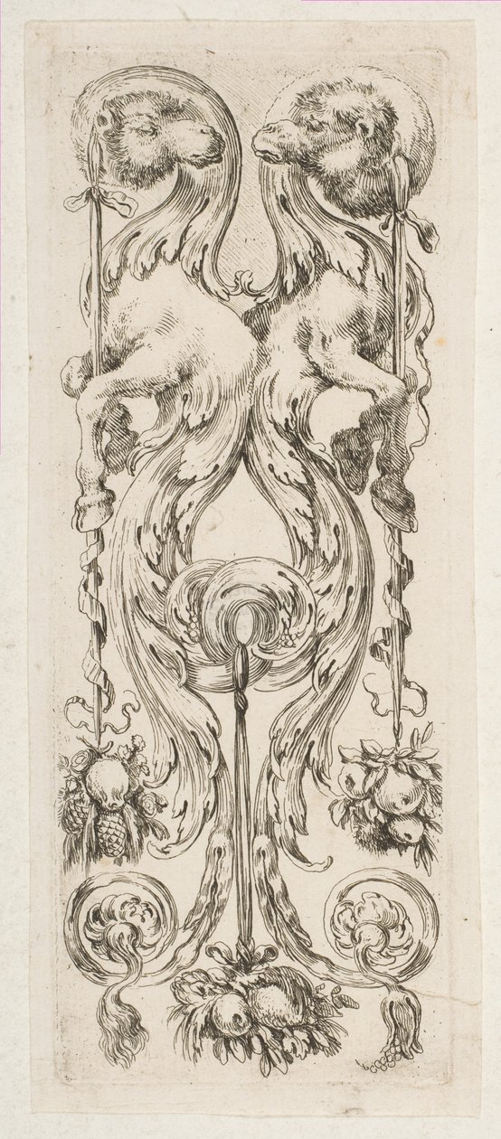 Dwie twarze wielbłądów z ciałami zakończonymi ornamentem, ca. 1653. autorstwa Stefano della Bella