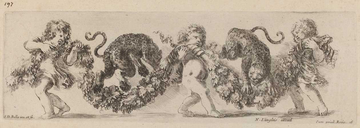 Dwa lamparty skaczące z girlandy wspierane przez dzieci, prawdopodobnie 1648 r. autorstwa Stefano della Bella
