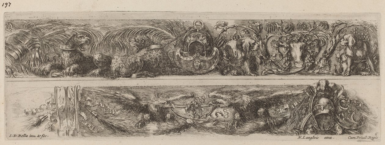 Dwie ozdobne opaski z lampartami i orłami przykutymi do łańcuchów, prawdopodobnie 1648 r. autorstwa Stefano della Bella