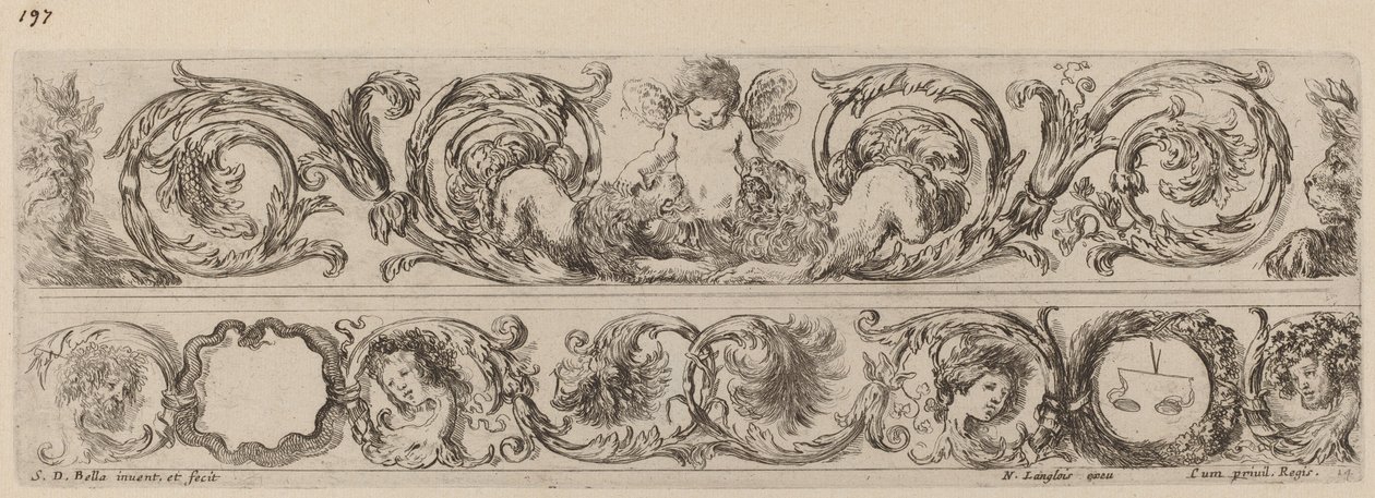 Dwie ozdobne wstęgi z Kupidynem i Głowami Czterech Pór Roku, prawdopodobnie 1648 r. autorstwa Stefano della Bella