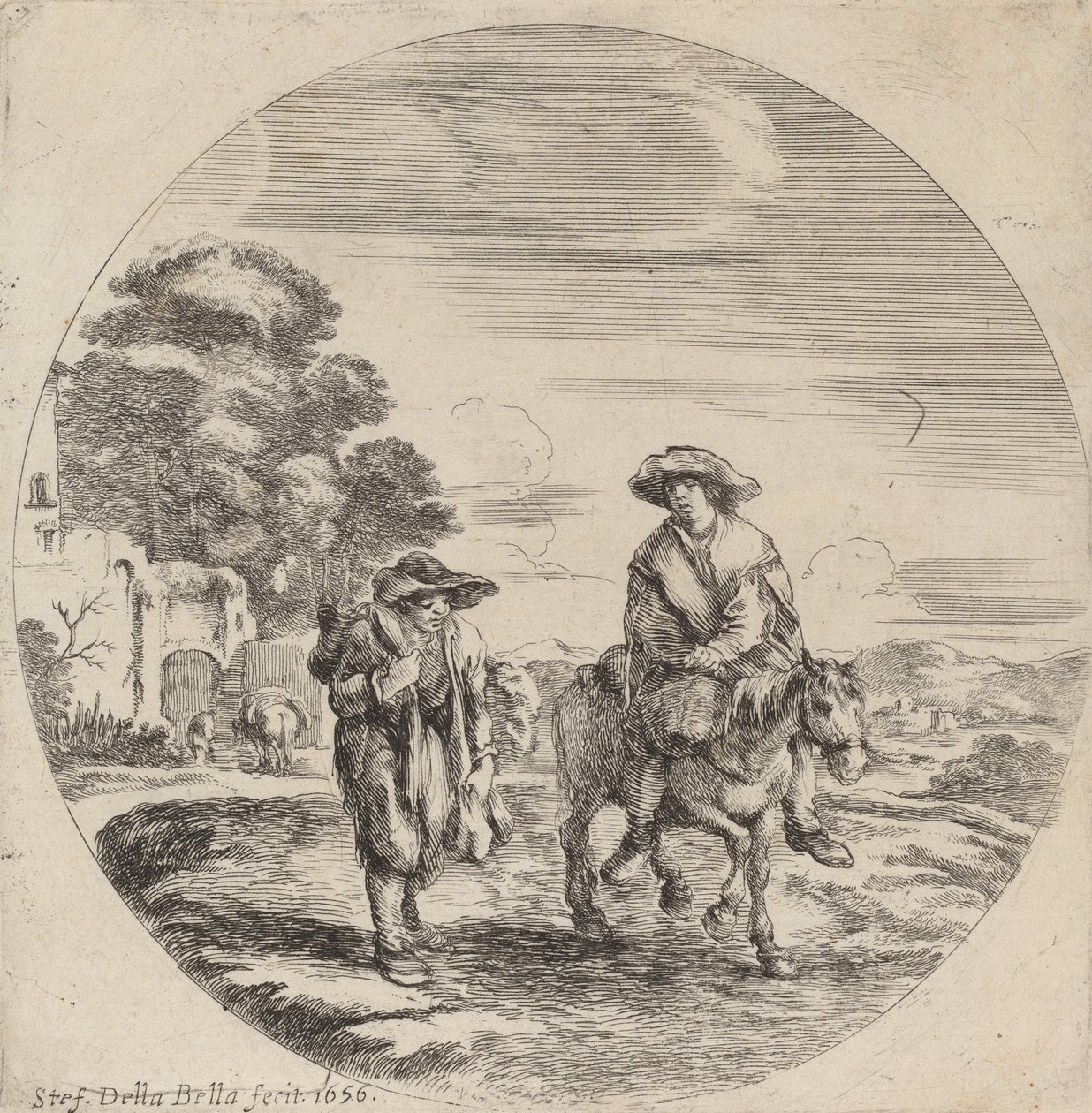 Dwóch chłopów podróżujących w krajobrazie, 1656. autorstwa Stefano della Bella