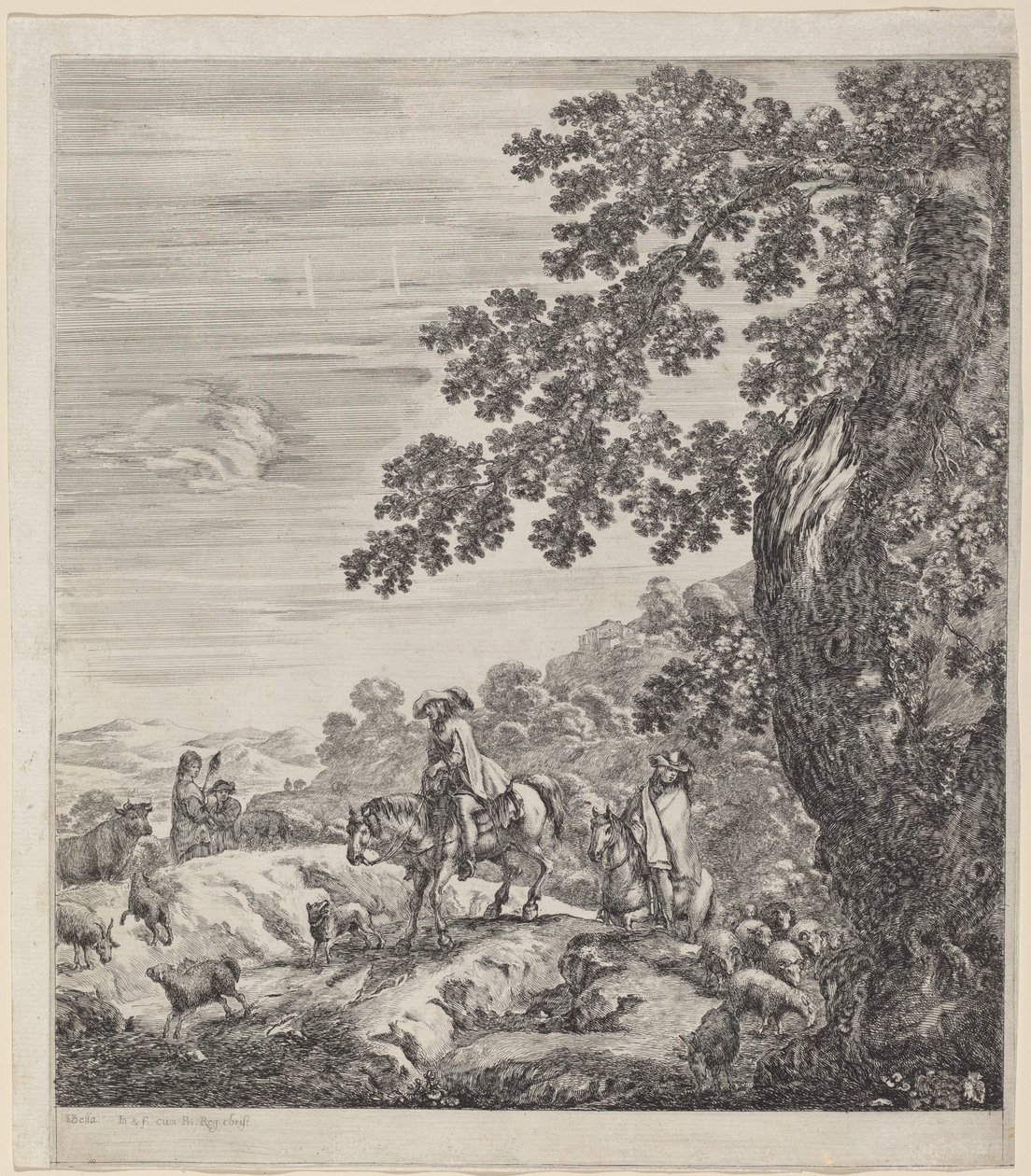 Dwóch jeźdźców przechodzących w pobliżu stada zwierząt, 1656. autorstwa Stefano della Bella