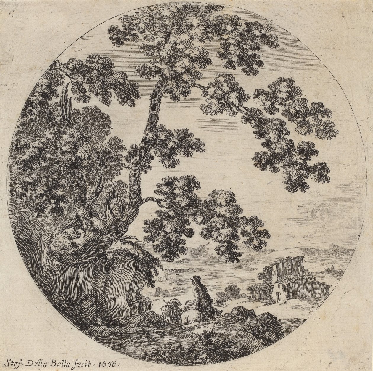 Dwóch podróżników przechodzących obok starego dębu, 1656. autorstwa Stefano della Bella