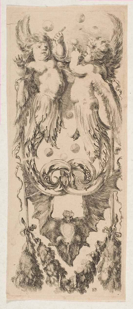Dwoje uskrzydlonych dzieci z ciałami zamieniającymi się w ozdoby puszczające bańki, ca. 1653. autorstwa Stefano della Bella