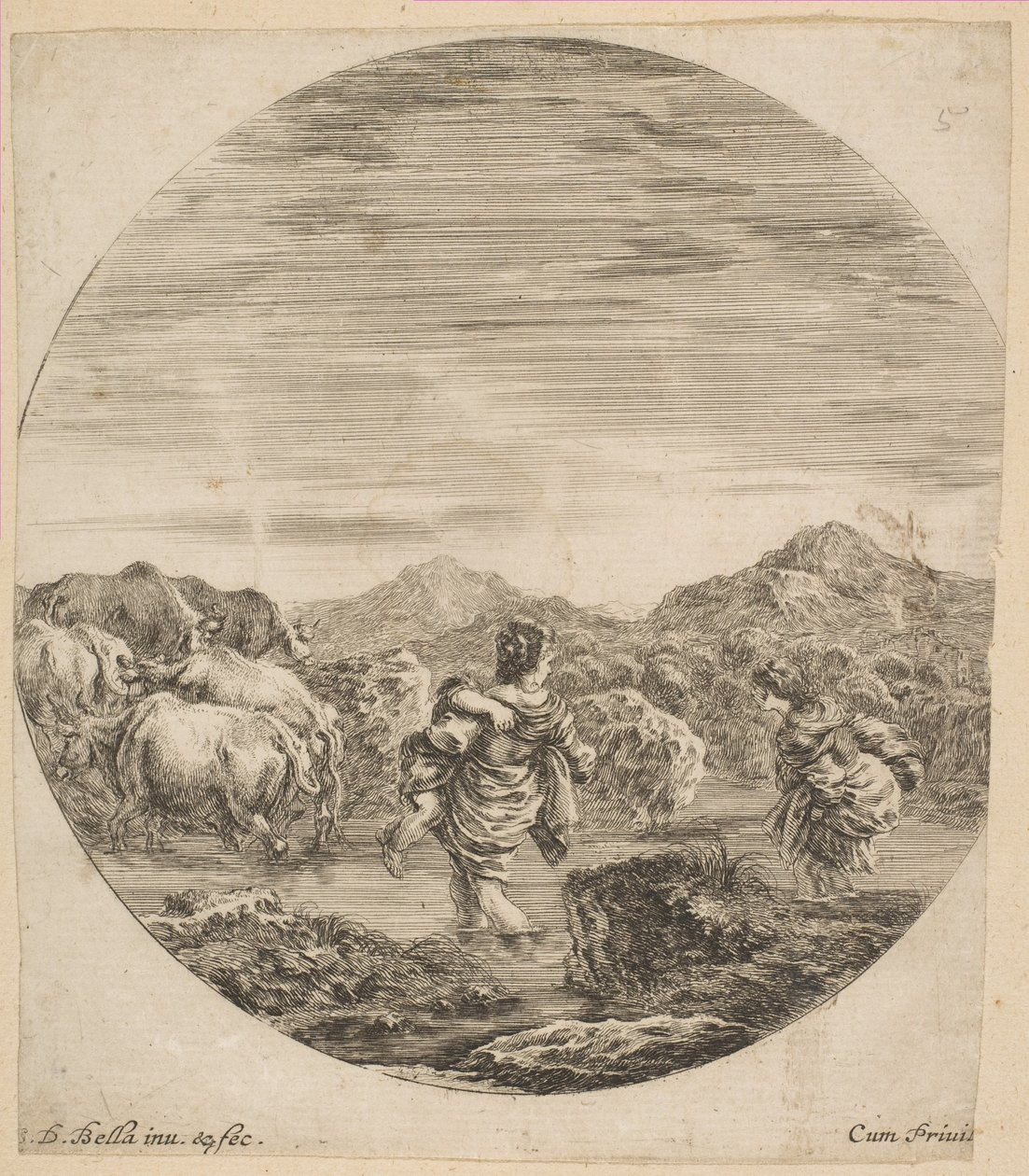 Dwie kobiety przechodzące przez strumień, ca. 1646. autorstwa Stefano della Bella
