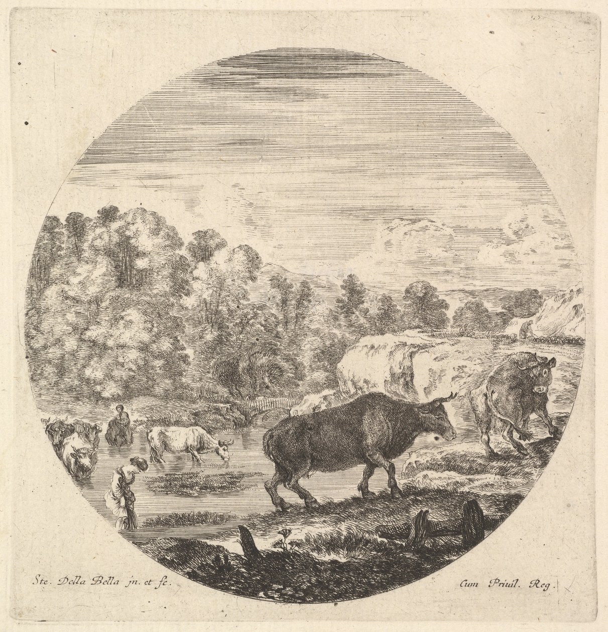 Dwie krowy w centrum, a za nimi dwie wieśniaczki i inne krowy w rzece do le…, ca. 1643-48. autorstwa Stefano della Bella