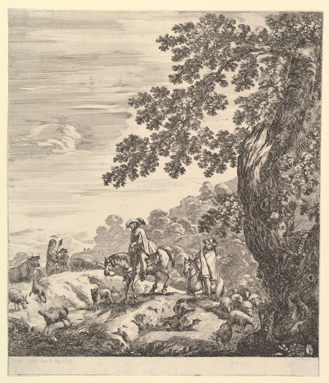 Dwóch jeźdźców mija stado, jadąc w lewo, wieśniaczka i młody chłopak do... ok. godz. 1656. autorstwa Stefano della Bella