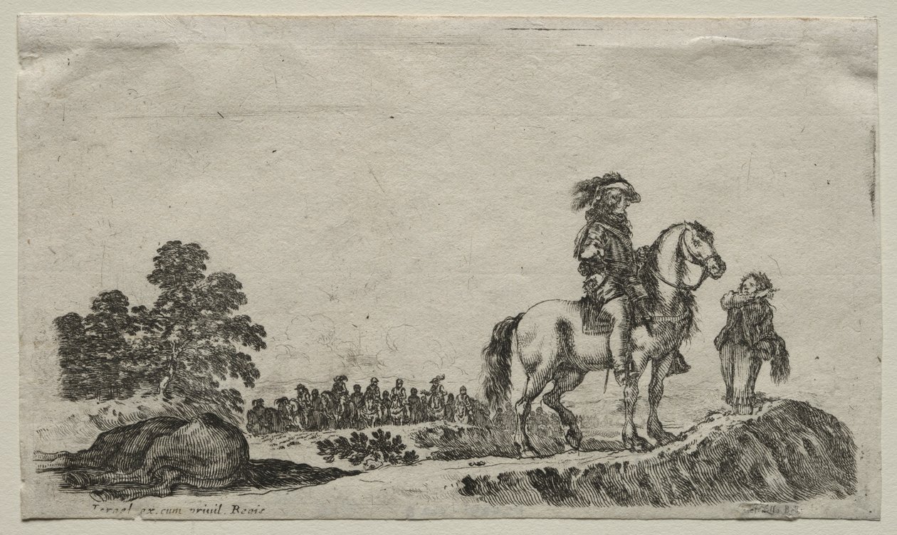 Różne postacie i krajobrazy: zagubiony jeździec badający drogę, 1649. autorstwa Stefano della Bella
