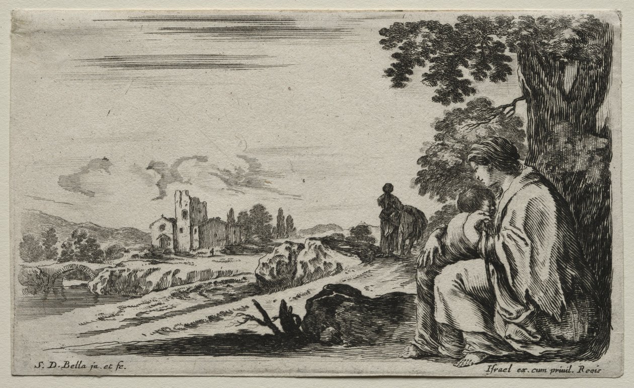 Różne postacie i krajobrazy: biedna pielęgniarka siedząca pod drzewem, 1649. autorstwa Stefano della Bella