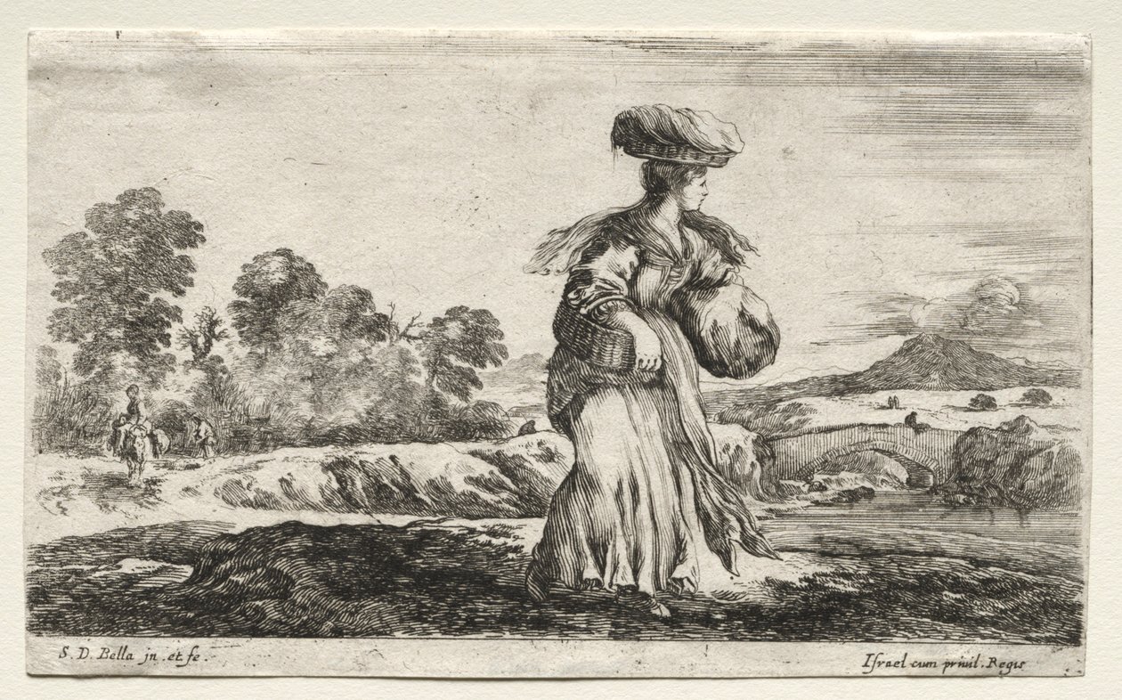 Różne postacie i krajobrazy: Wieśniaczka niosąca kosz na głowie, 1649. autorstwa Stefano della Bella