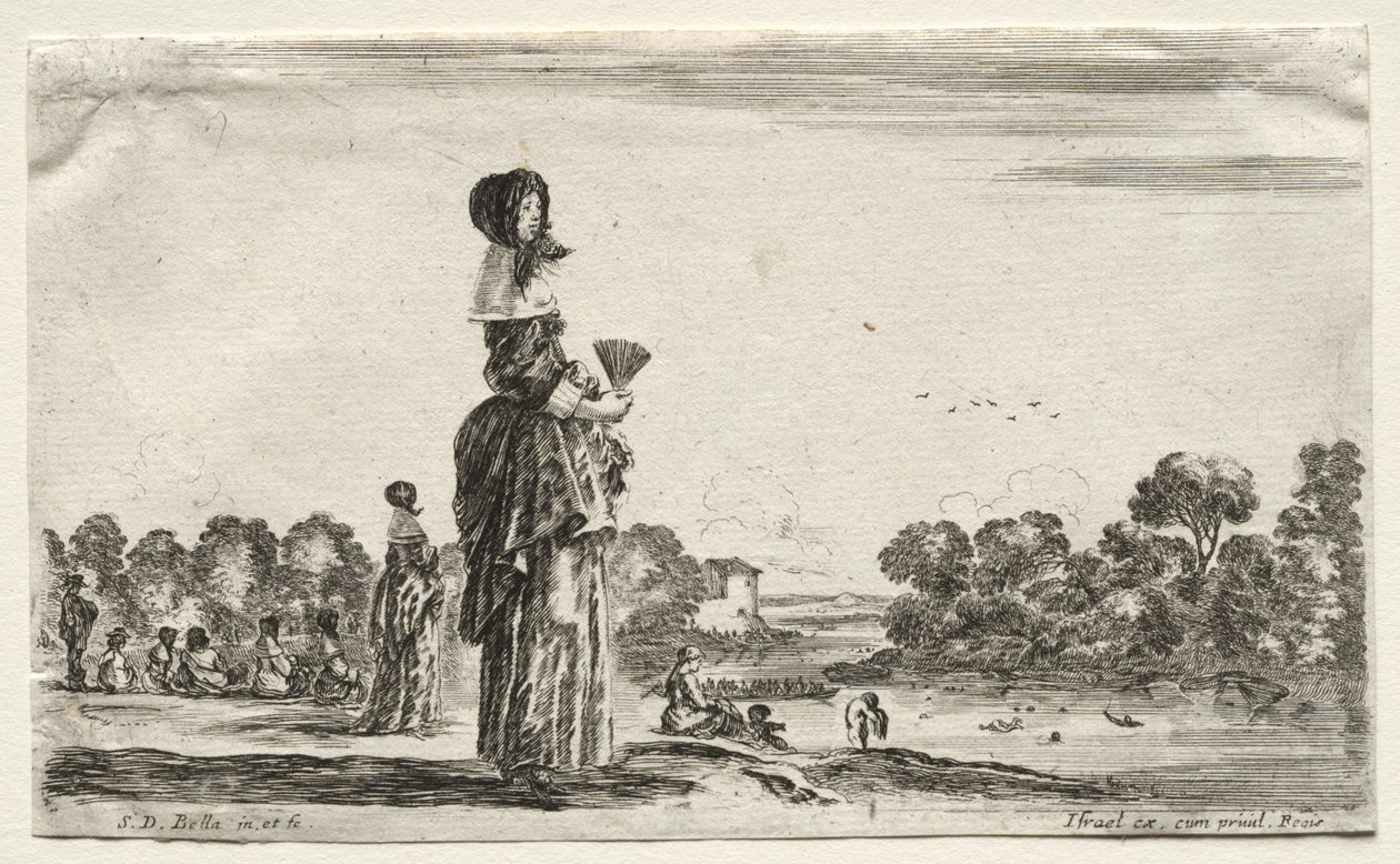 Różne postacie i krajobrazy: kobiety obserwujące kąpiących się wzdłuż rzeki, 1649. autorstwa Stefano della Bella