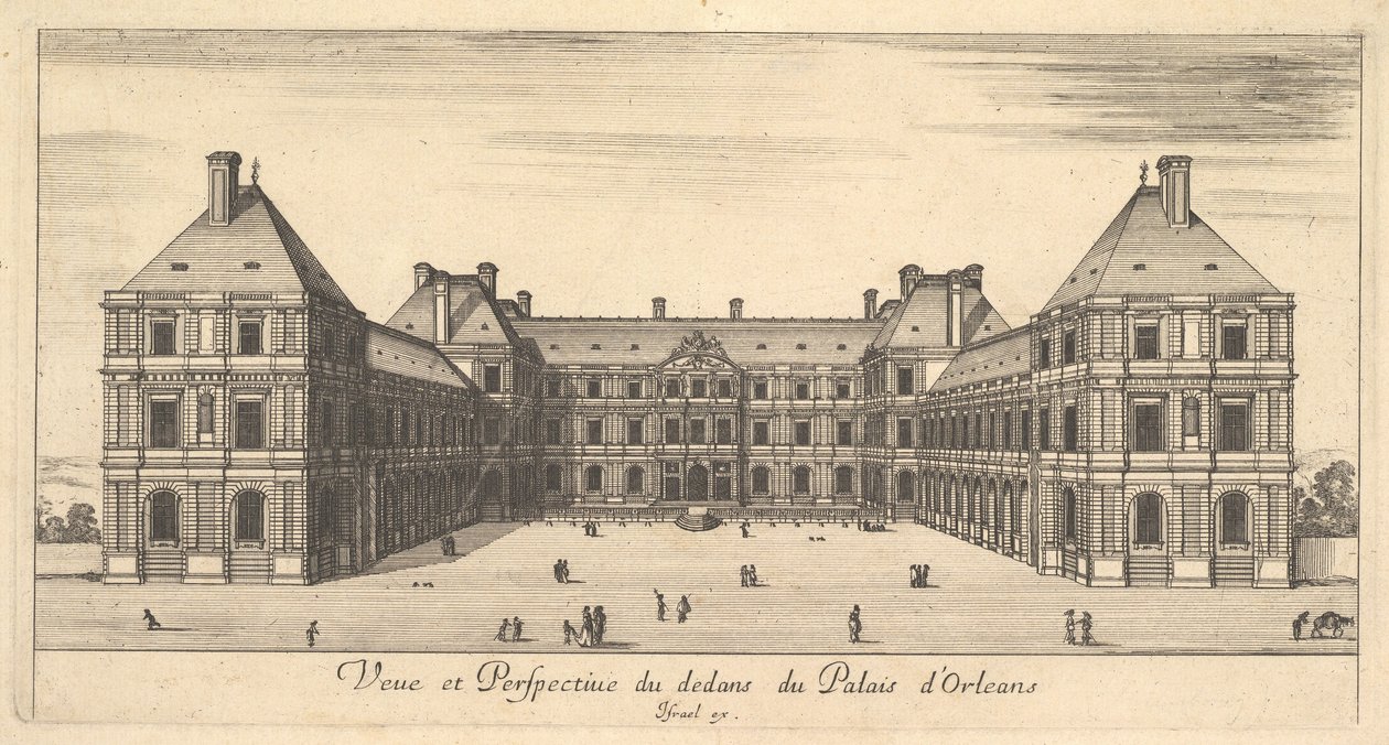 Widok i perspektywa wnętrza Palais dOrleans, z różnych widoków rem..., 1649-51. autorstwa Stefano della Bella