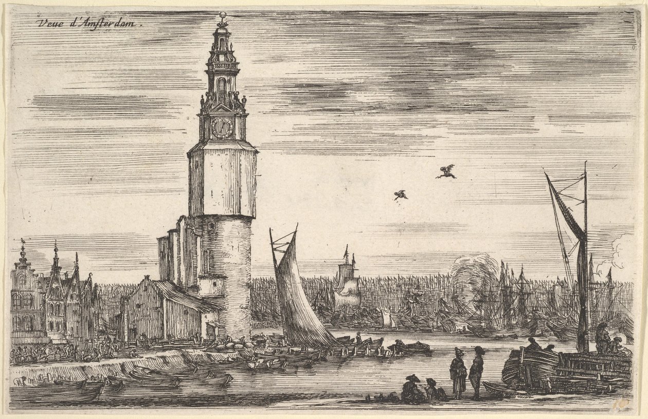Widok na Amsterdam Vu Amsterdam, wieża i domy po lewej, mężczyźni stojący na molo..., 1647. autorstwa Stefano della Bella