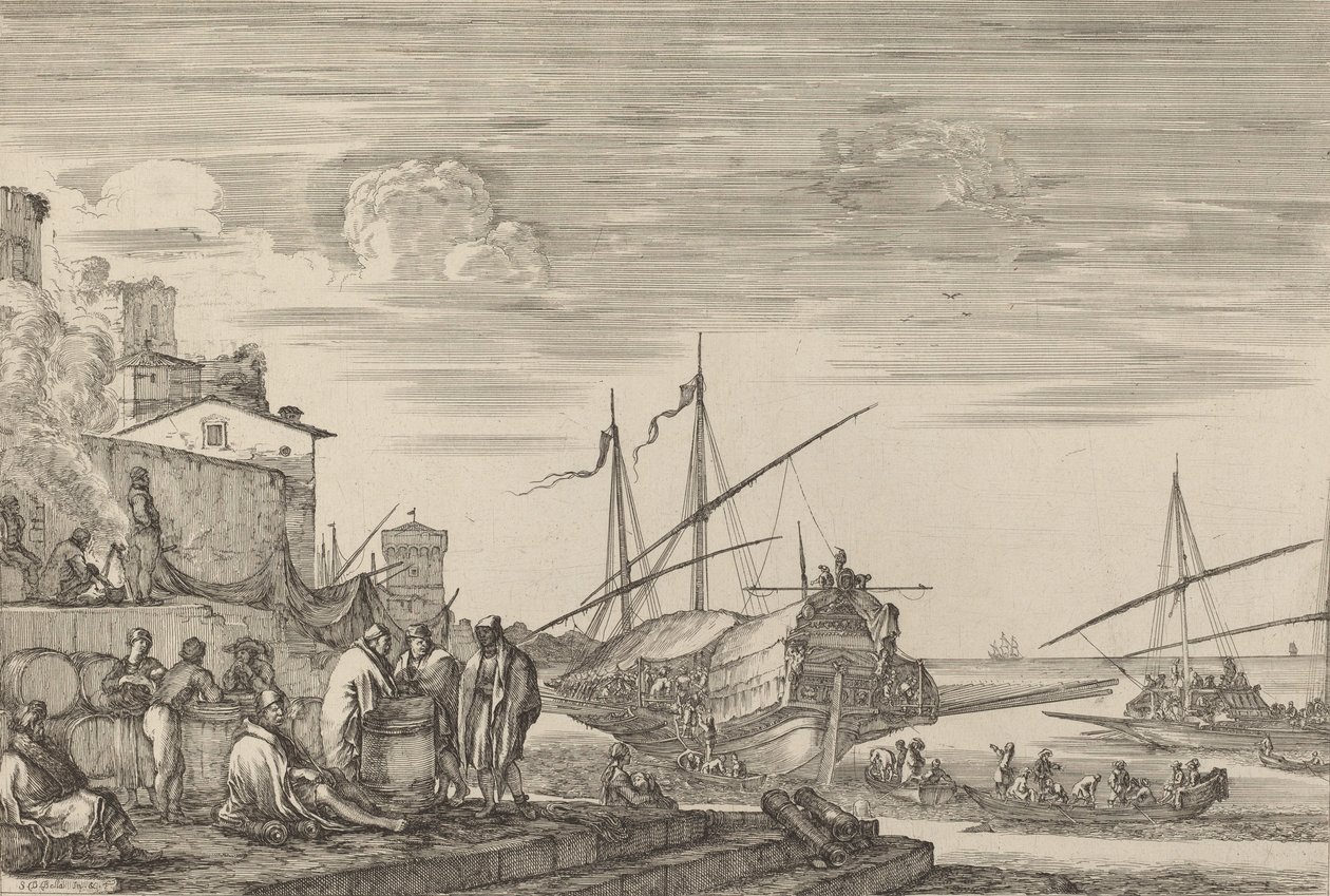 Widok kilku domów zwróconych w stronę portu, prawdopodobnie ok. godz. 16541655. autorstwa Stefano della Bella