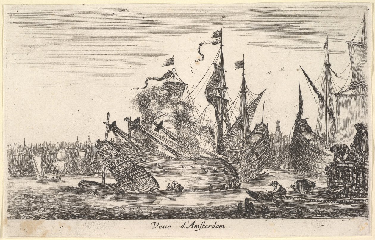 Widok na amsterdamski port morski Veue dAmsterdam, mężczyźni w łodziach wiosłowych pracują na statku w centrum..., 1647. autorstwa Stefano della Bella