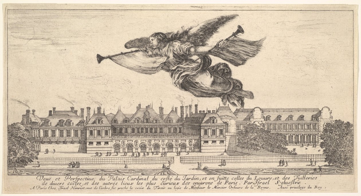 Widok na Palais Cardinal, postać Sławy na górze pośrodku lecąca w lewo a..., 1649-51. autorstwa Stefano della Bella