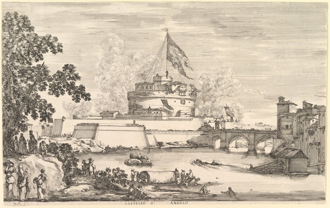Widok na Tyber, duże drzewo po lewej, dwie grupy kobiet po lewej na przodzie..., ca. 1656. autorstwa Stefano della Bella