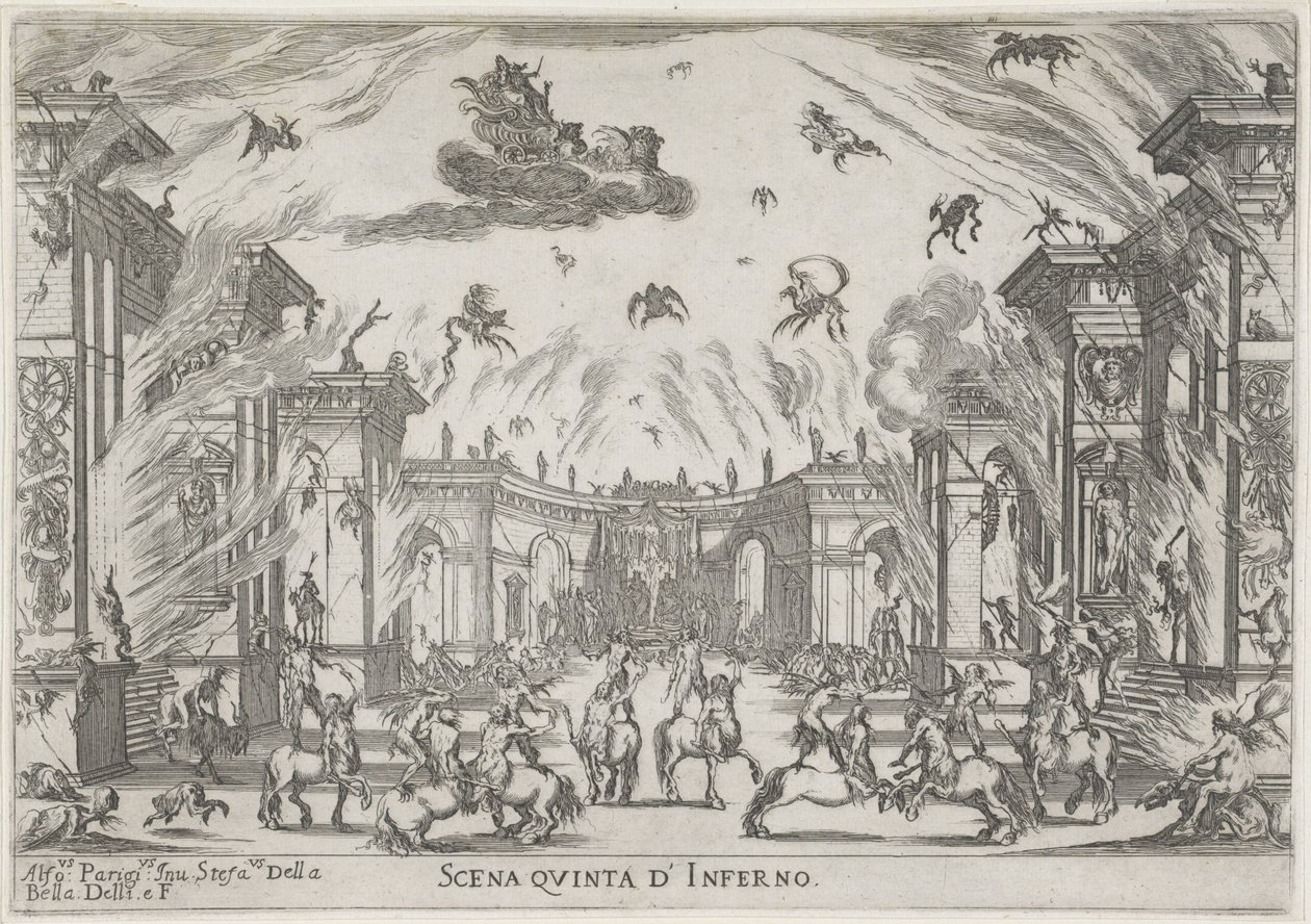 Scena Vijfde: de hel Piąta scena piekła (tytuł na obiekcie) Liberetto ter ere van de bruiloft van Ferdinando II de