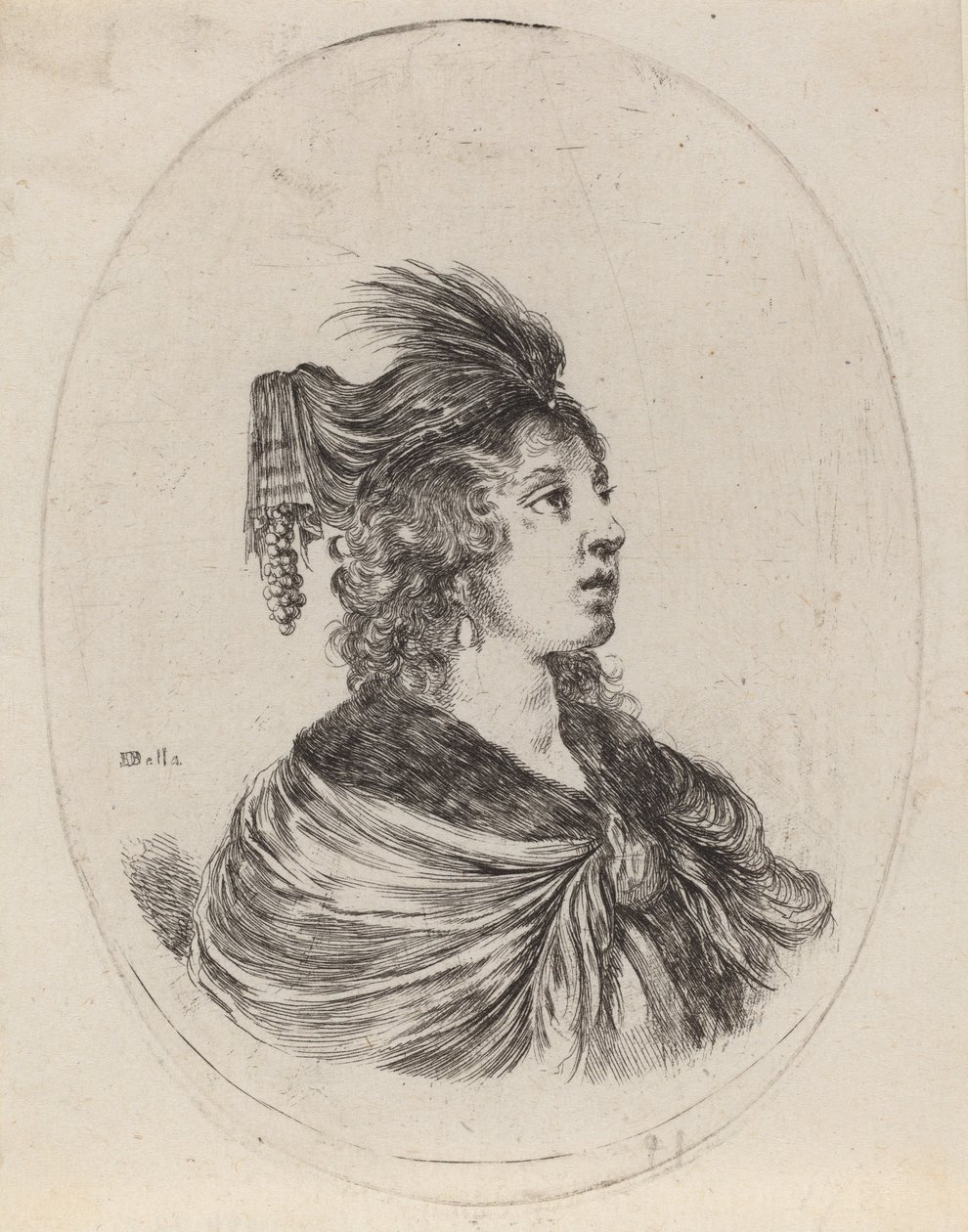 Kobieta w pierzastym turbanie, zwrócona w prawo, 16491650. autorstwa Stefano della Bella
