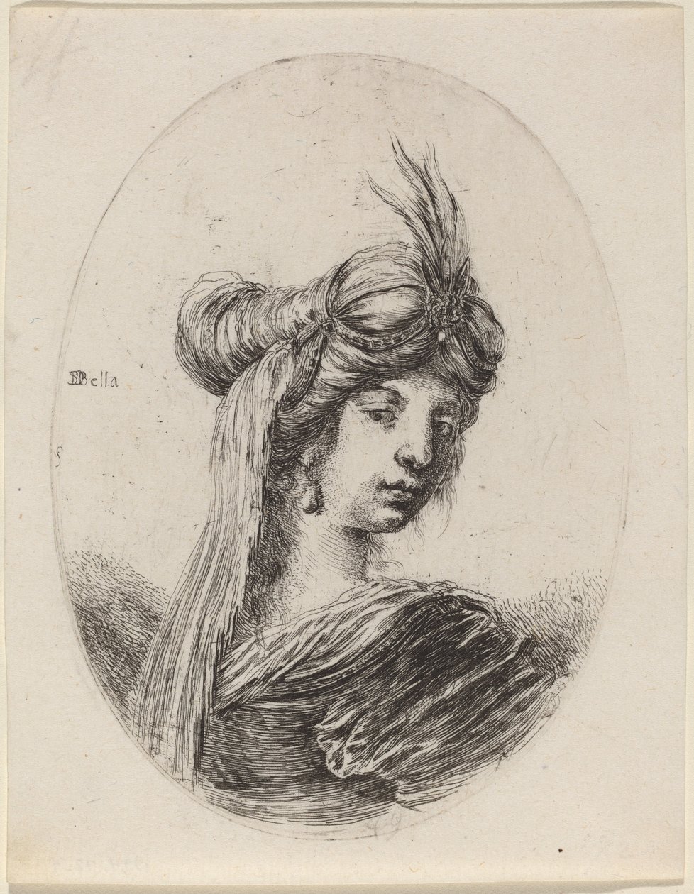 Kobieta w pierzastym turbanie z welonem, zwrócona w prawo, 16491650. autorstwa Stefano della Bella