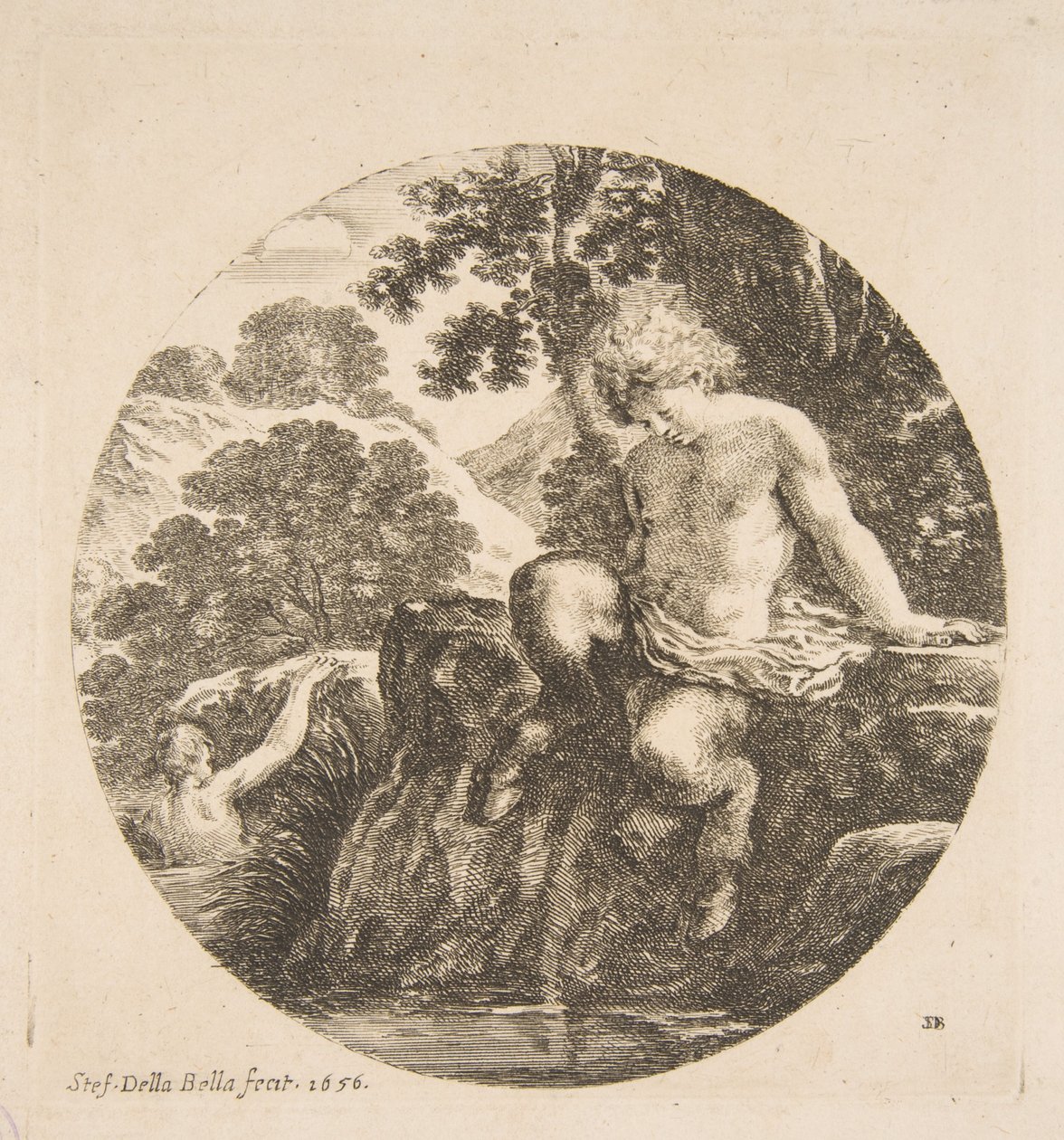 Młody satyr Zamierza kąpać się w rzece, z „Krajobrazy i porty morskie” Paysages et ports d..., 1656. autorstwa Stefano della Bella