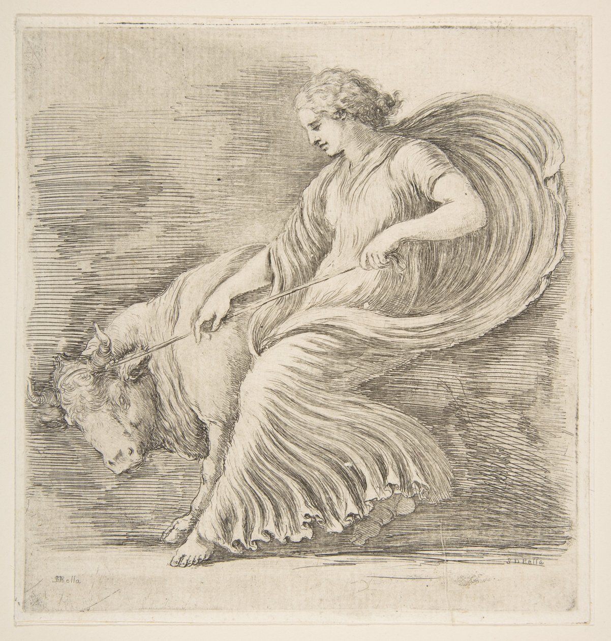 Młoda kobieta próbująca zatrzymać byka, ca. 1660. autorstwa Stefano della Bella