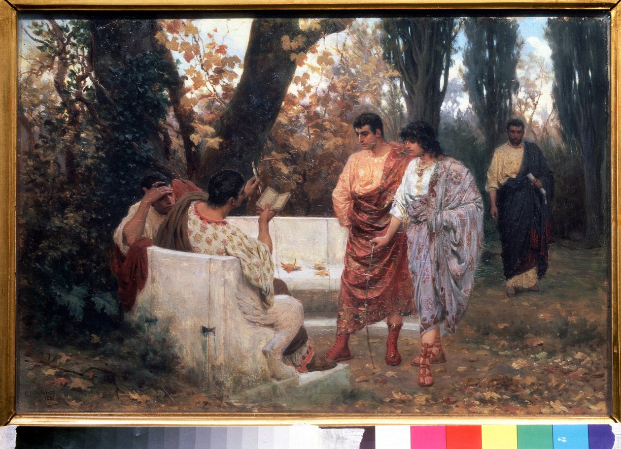 Rzymski poeta Katullus (87-54 pne) czytający swój wiersz (rzymski poeta Katullus czytający swój wiersz). Malarstwo Stepana Władysławowicza Bakalowicza (1857-1947). Olej na płótnie, 26,8 x 39 cm autorstwa Stepan Vladislavovich Bakalovich