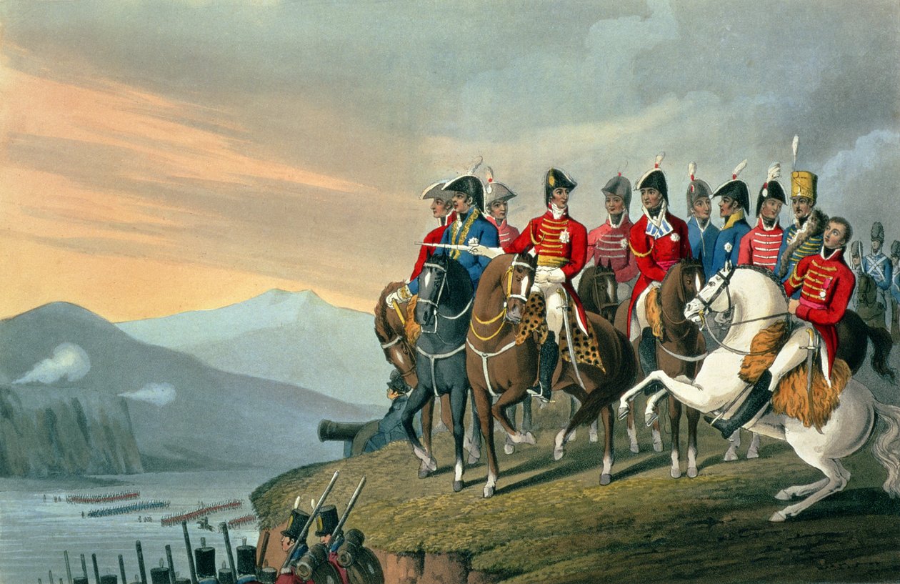 Książę Wellington i jego sztab przekraczają Bidassoa i wkraczają do Francji, 1813, grawerowane przez Matthew Dubourga (fl.1813-20) z Anegdot historycznych, wojskowych i morskich, wyd. Edwarda Orme (1774-c. autorstwa Hyacinthe Francois Rigaud